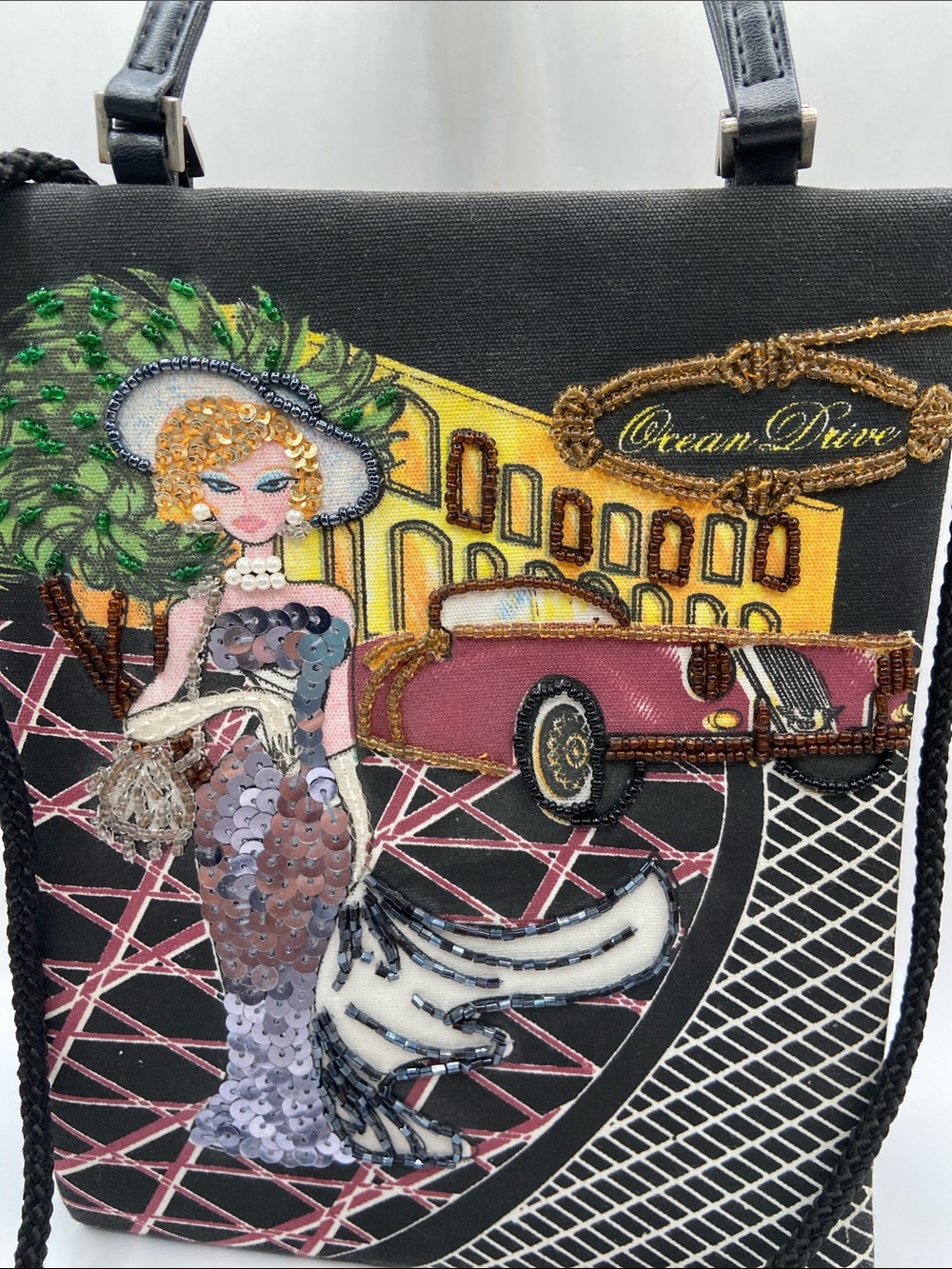 Vintage Ocean Drive Handbag Shoulder Purse Sequined Beaded Art Deco Black - Picture 2 of 9